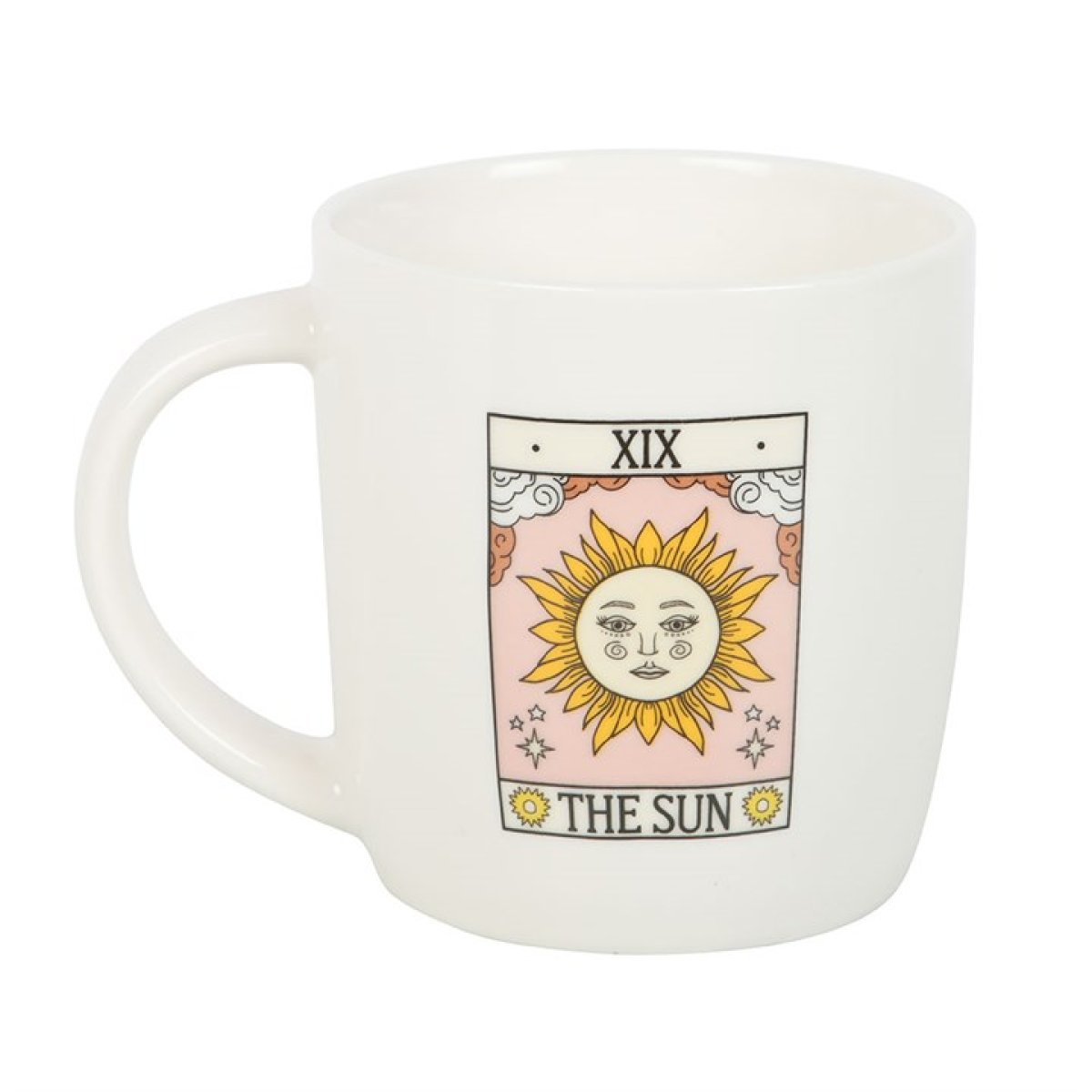White mug with 'The Sun' tarot card design on a white background