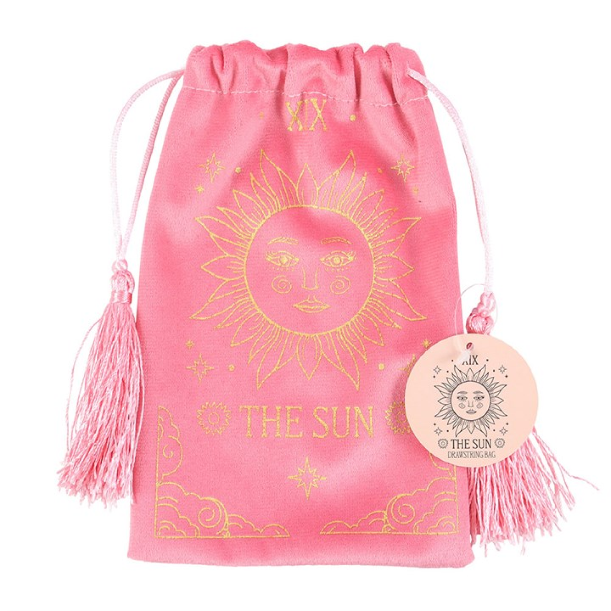 Pink drawstring bag with gold sun design and 'The Sun' label on a white background