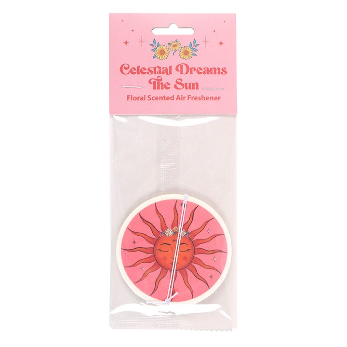 Floral scented air freshener with sun design in packaging labeled 'Celestial Dreams The Sun'.