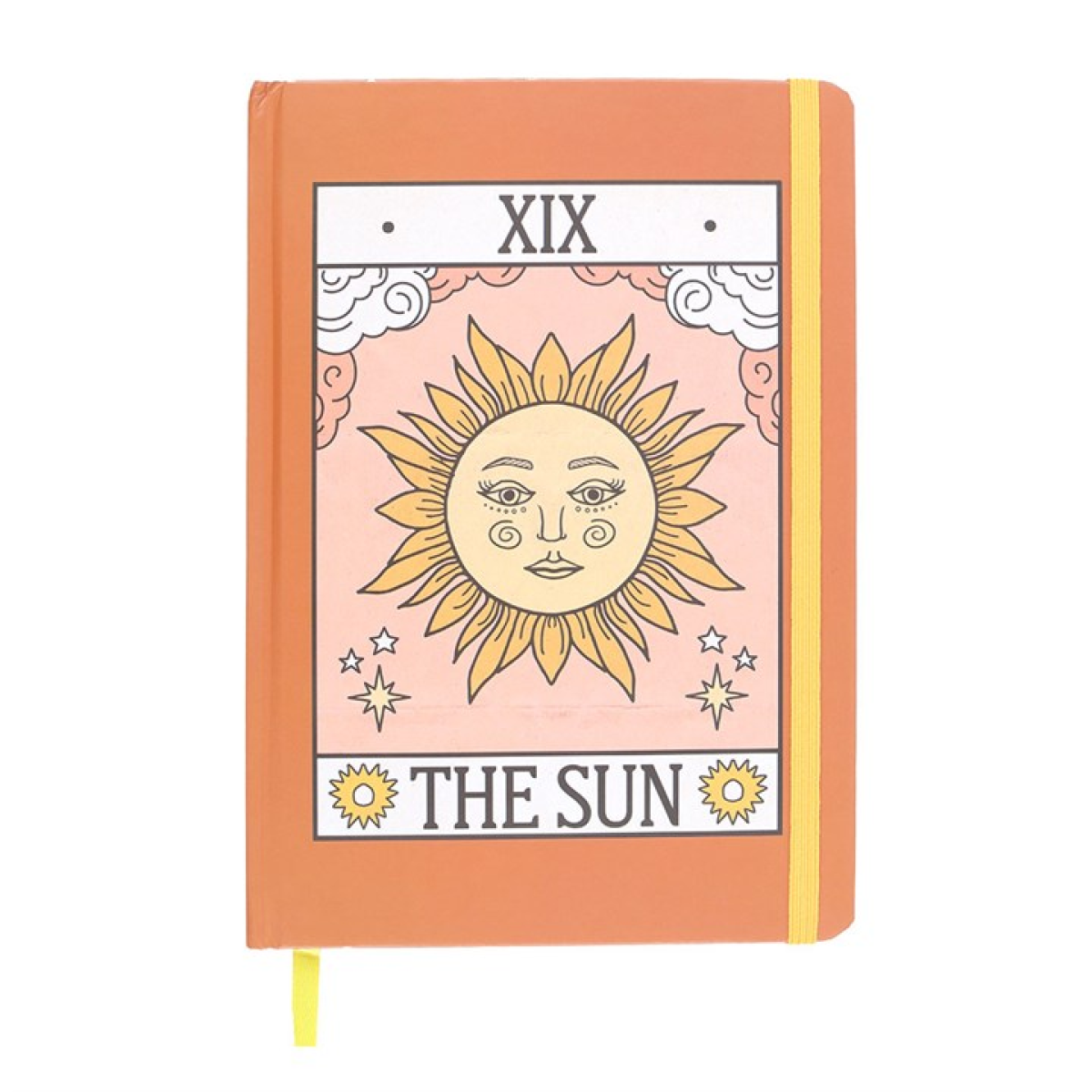 Notebook with 'The Sun' tarot card design on an orange cover
