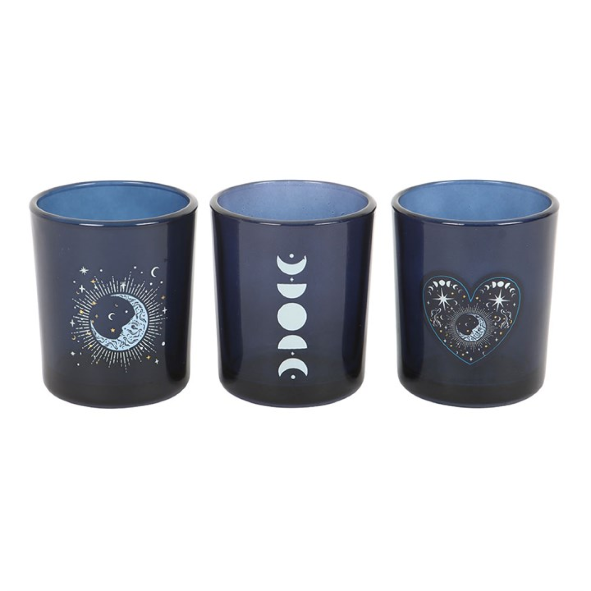 Three dark blue ceramic tumblers with celestial designs on a white background