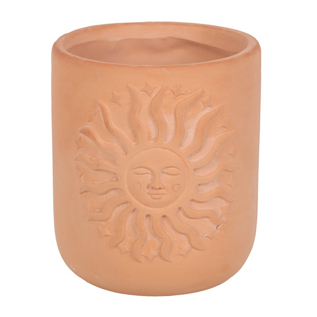 Terracotta pot with sun design on a white background