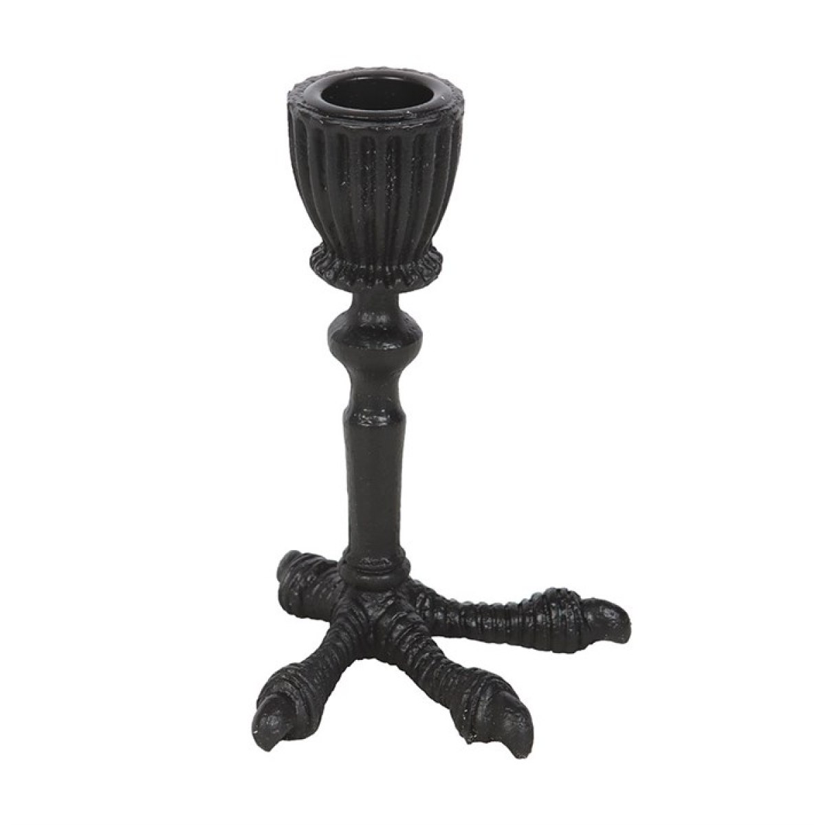 Black metal candle holder with a ribbed design on a white background