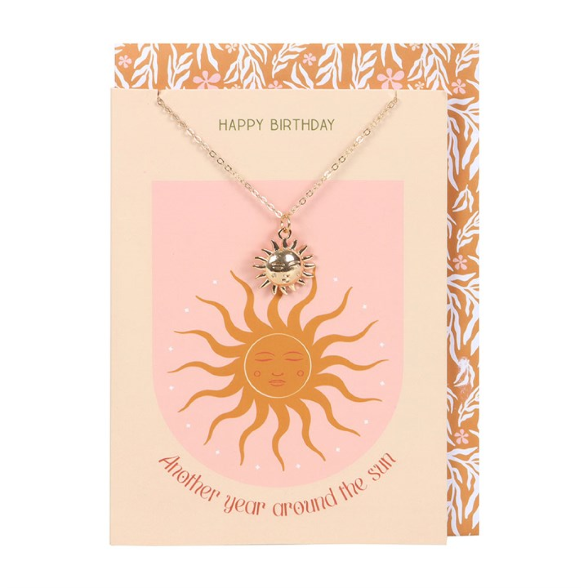 Sun-shaped necklace on a birthday card with decorative border