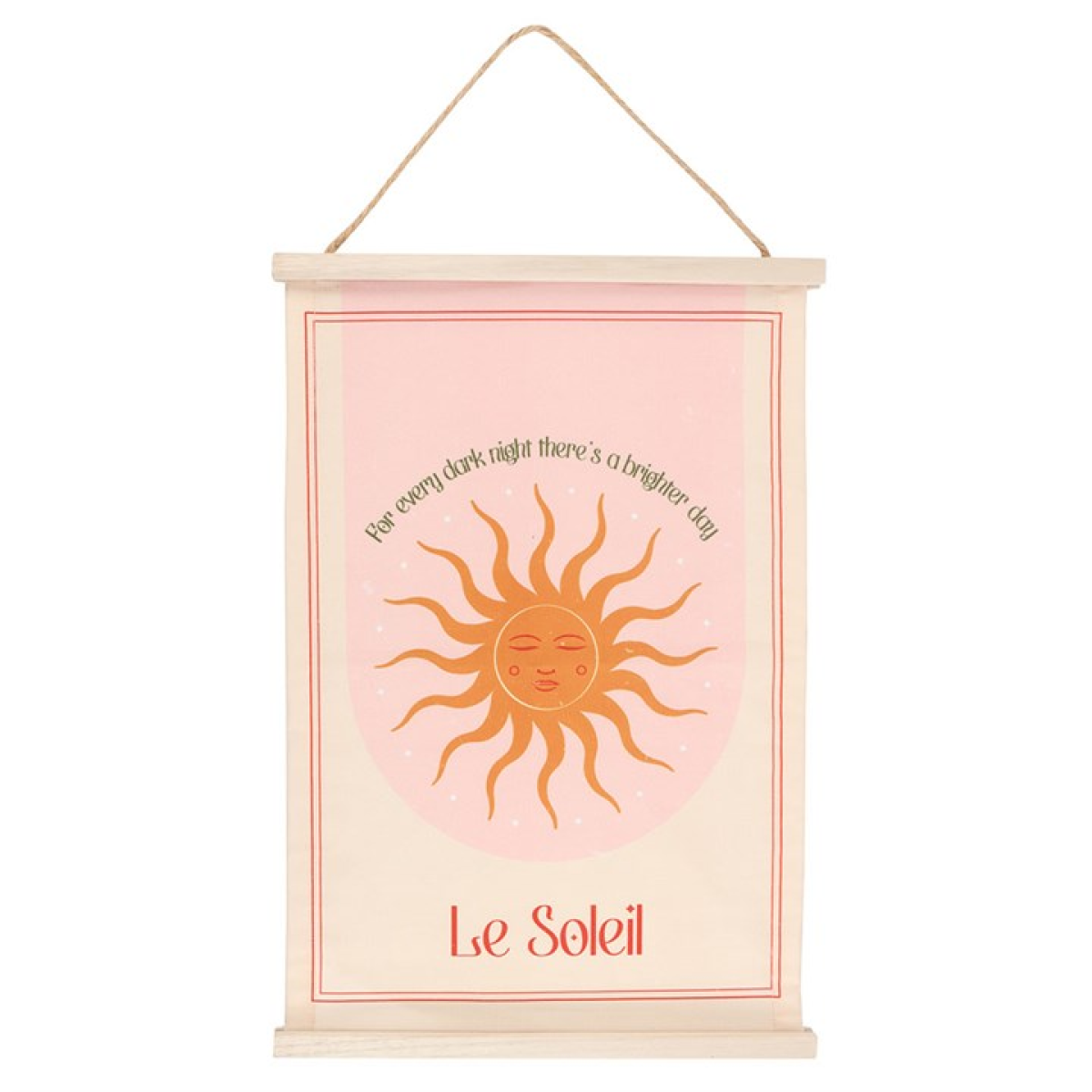Decorative wall hanging with sun illustration and text on a pink background