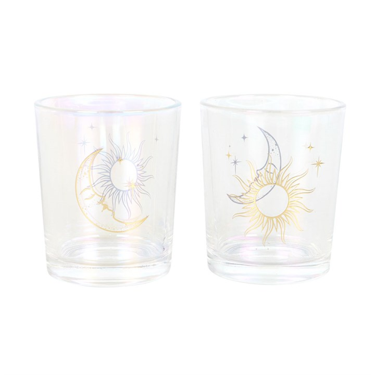 Two glass tumblers with celestial designs on a white background
