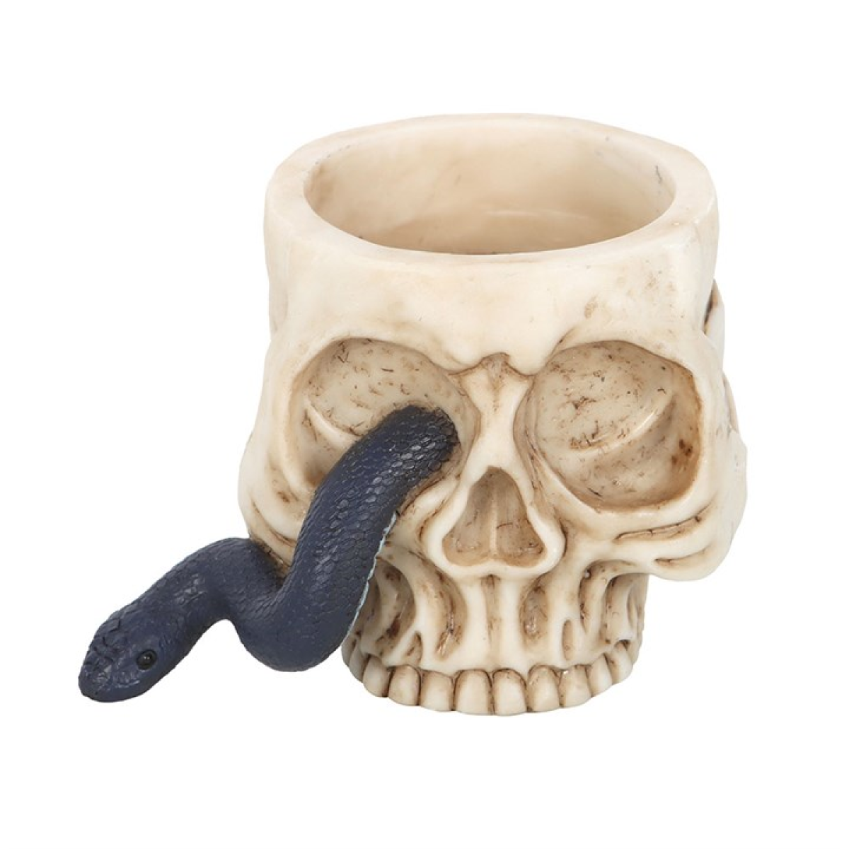 Skull-shaped candle holder with a snake on a white background
