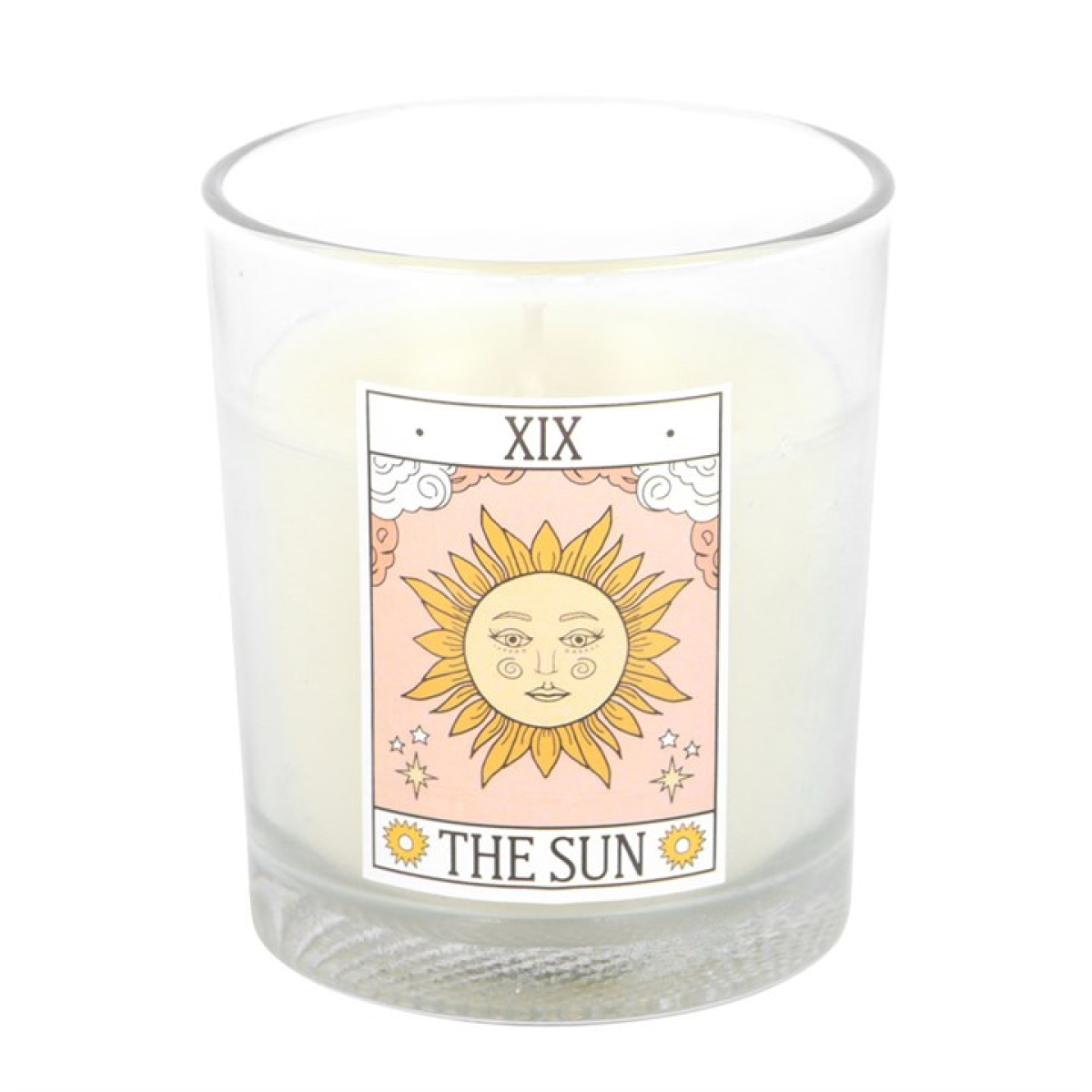 Candle with a 'The Sun' tarot card design on a white background