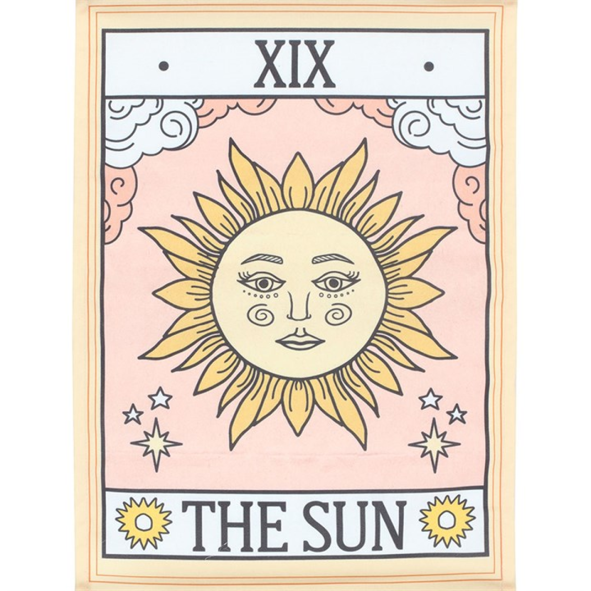 Tarot card featuring 'The Sun' with a sun design and face, on a pink background.