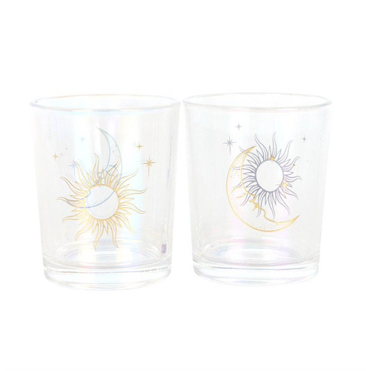 Two clear glasses with sun and moon designs on a white background