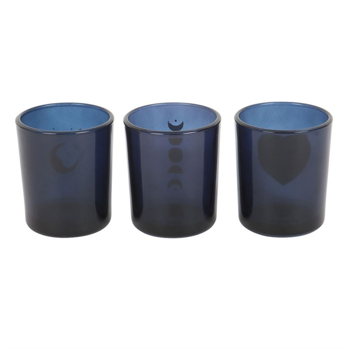 Three blue glass tumblers with different designs on a white background