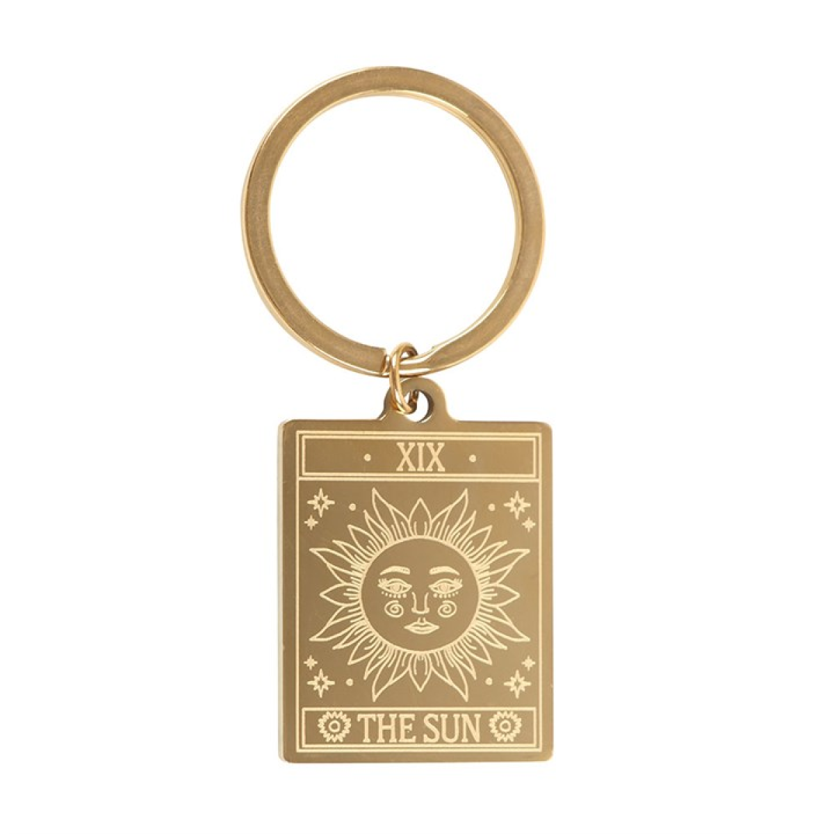 Gold keychain with 'The Sun' tarot card design on a white background