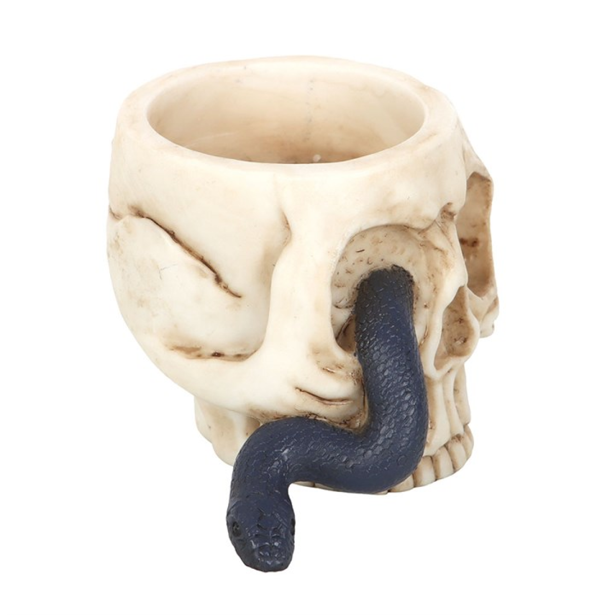 Skull-shaped container with a snake emerging from its eye on a white background