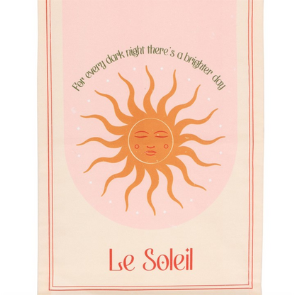 Sun illustration with 'Le Soleil' text on a pink background