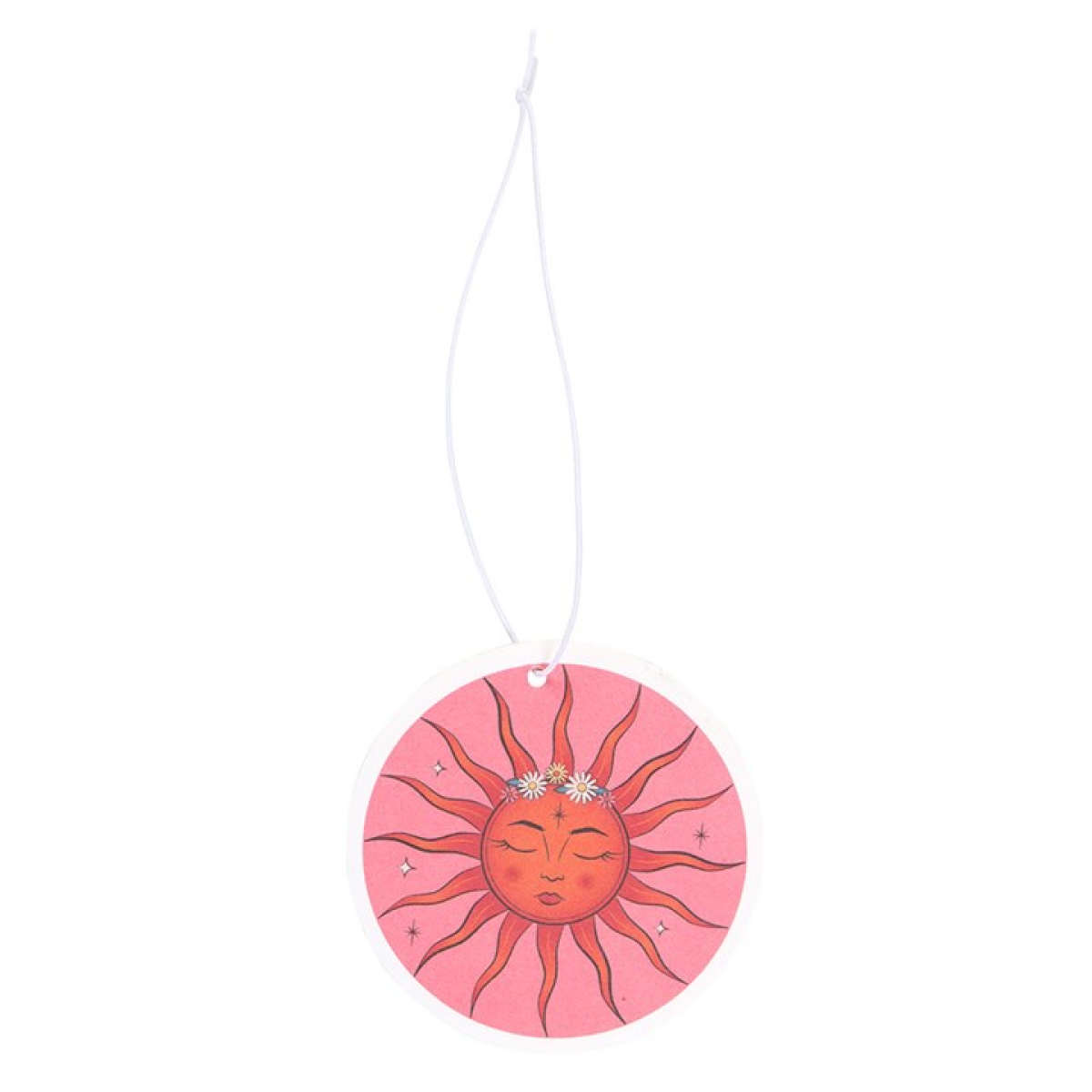 Decorative sun-shaped pink ornament with a face on a white background