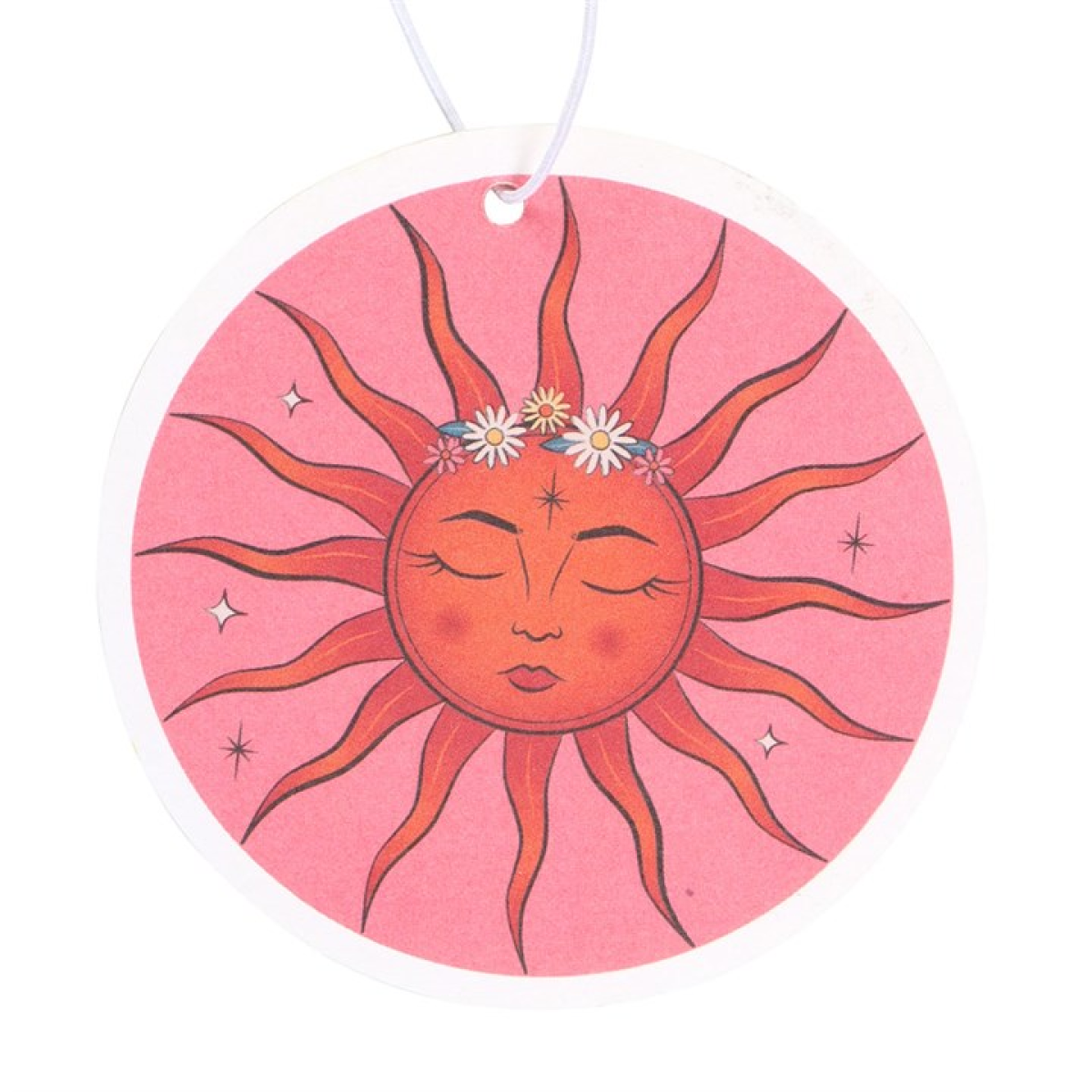 Decorative sun design on a pink background with a white string, resembling an air freshener.