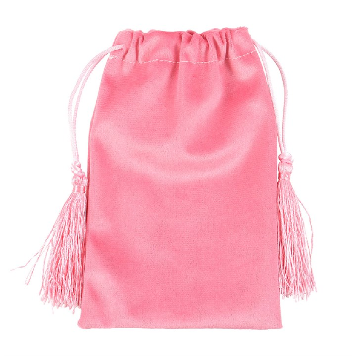 Pink drawstring bag with tassels on a white background