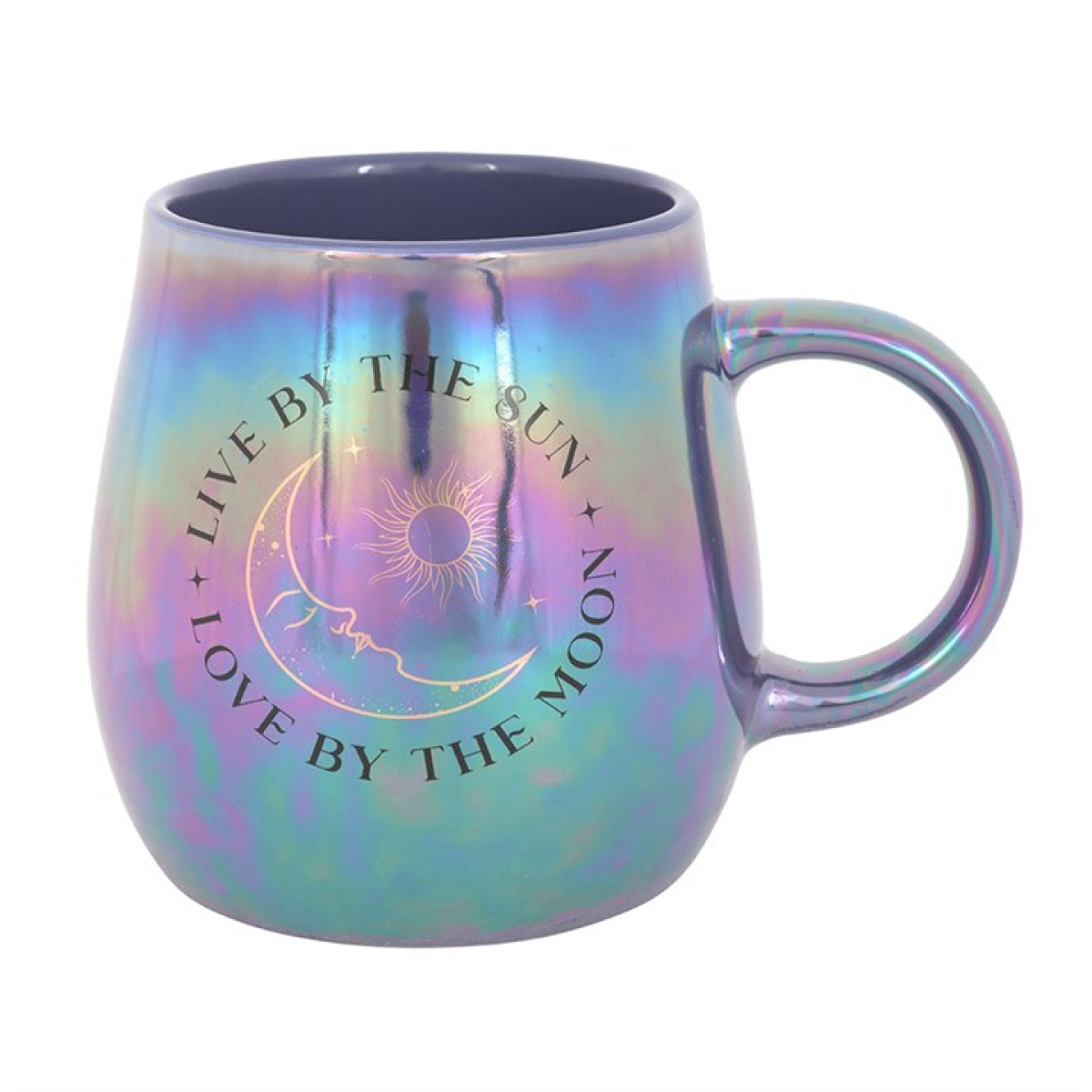 Iridescent mug with celestial design and text on a white background