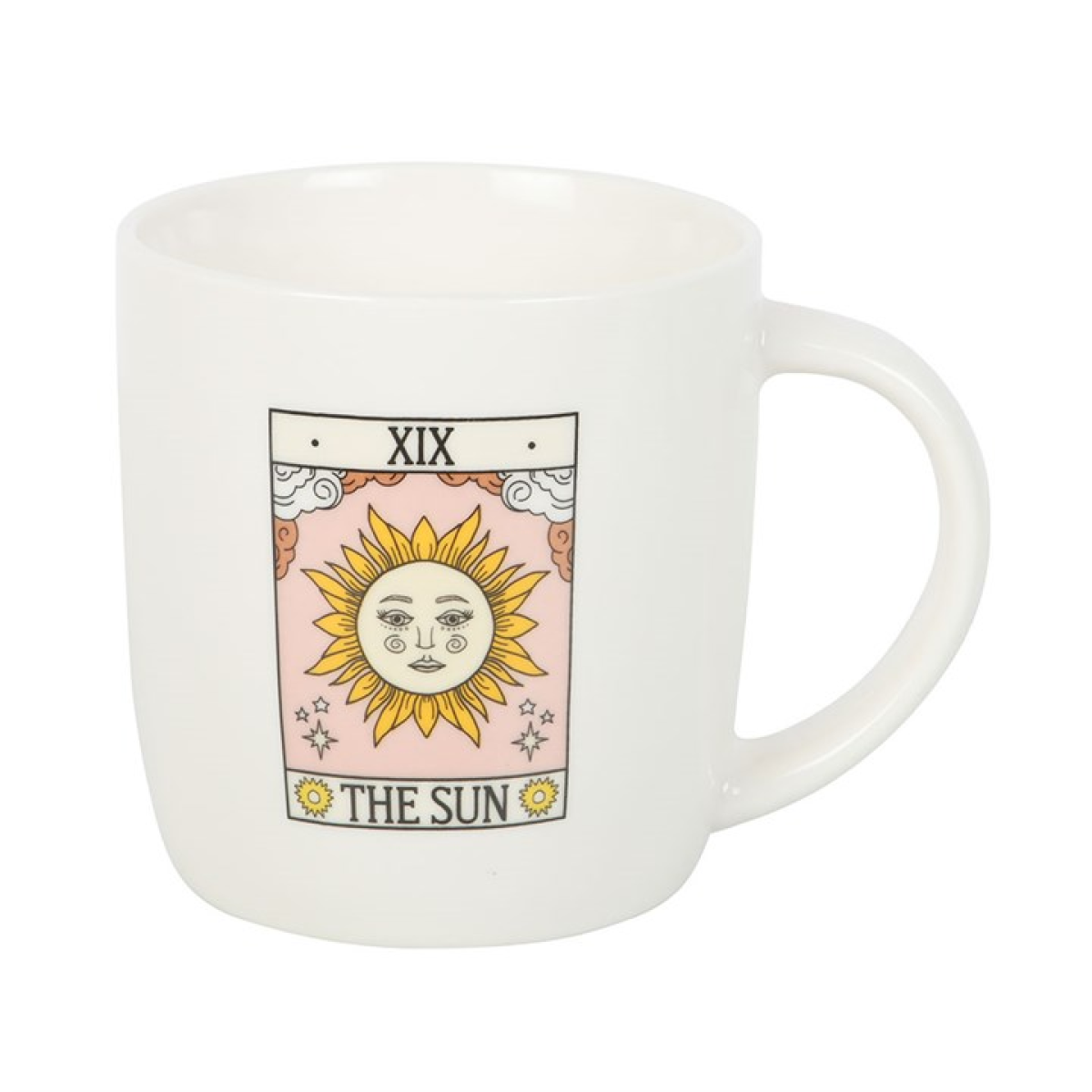 White mug with 'The Sun' tarot card design on a white background