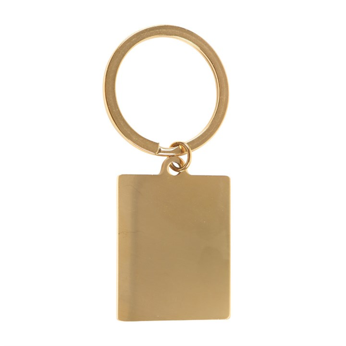 Gold keychain with a rectangular tag on a white background