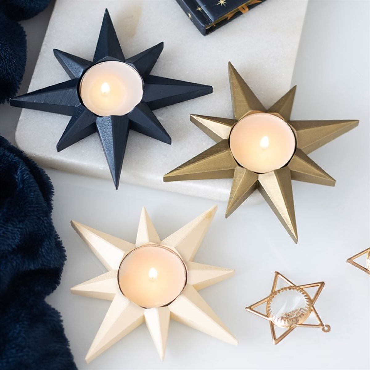 Navy blue star shaped tealight candle holder