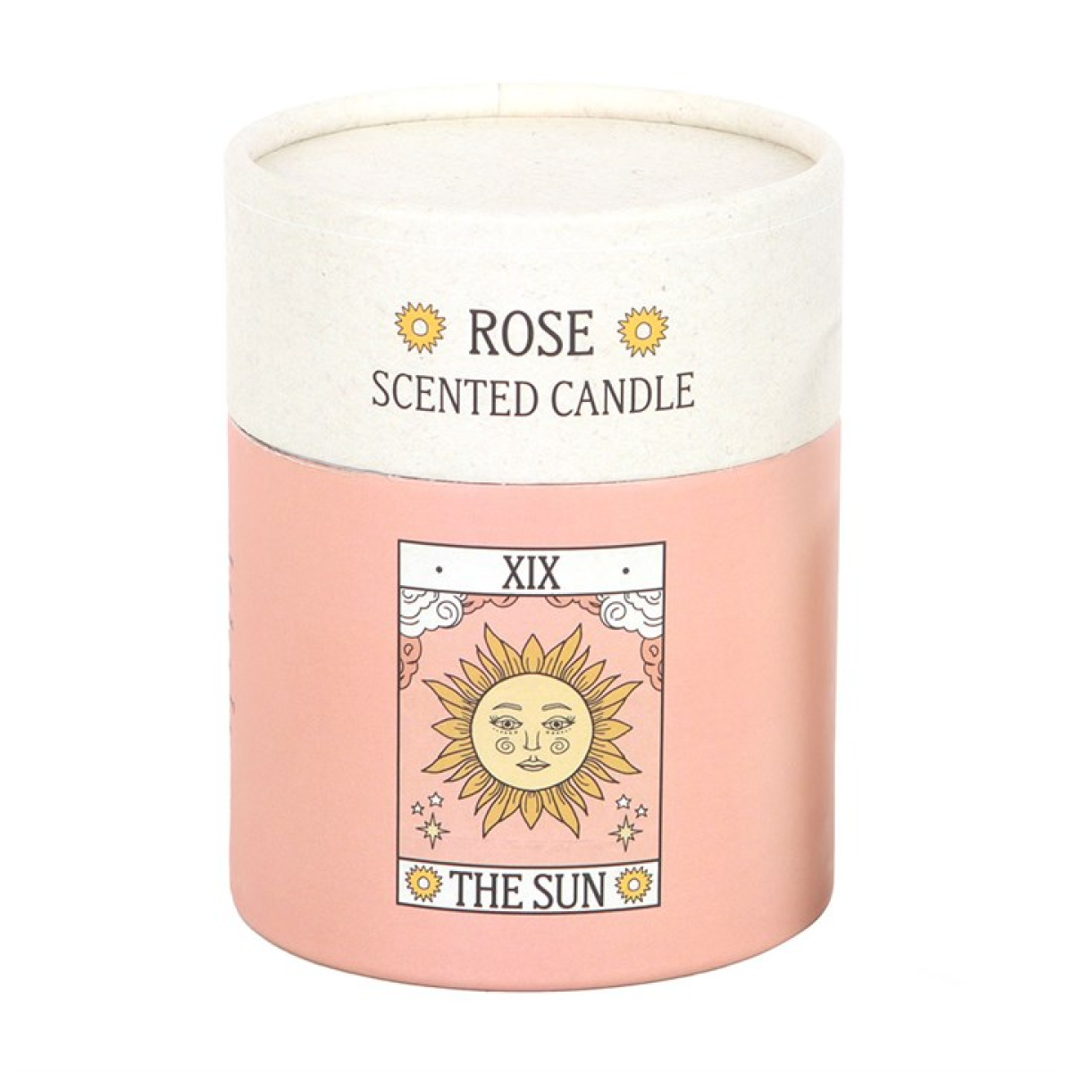 Rose scented candle with 'The Sun' design on a white background