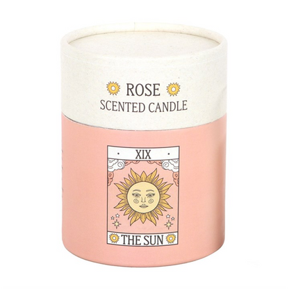 Rose scented candle with 'The Sun' design on a white background