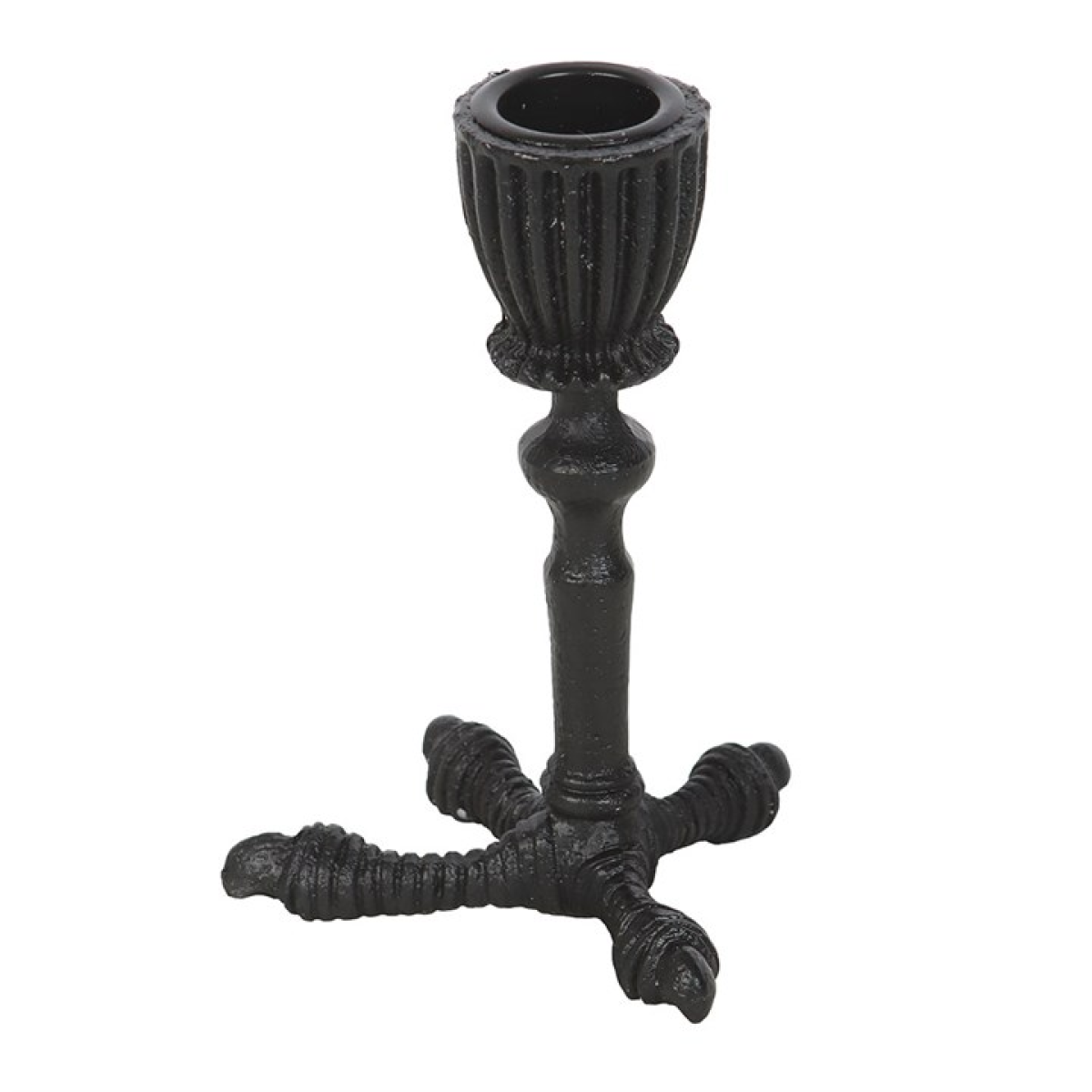 Black metal candle holder with ribbed design on a white background
