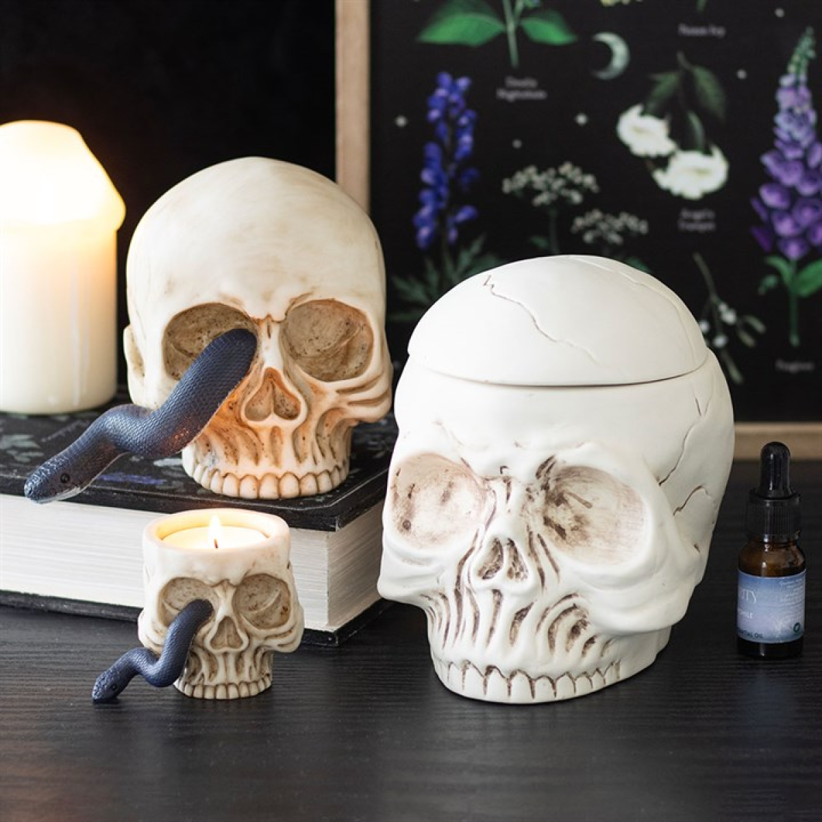 Skull-shaped containers with candles and a bottle on a dark surface