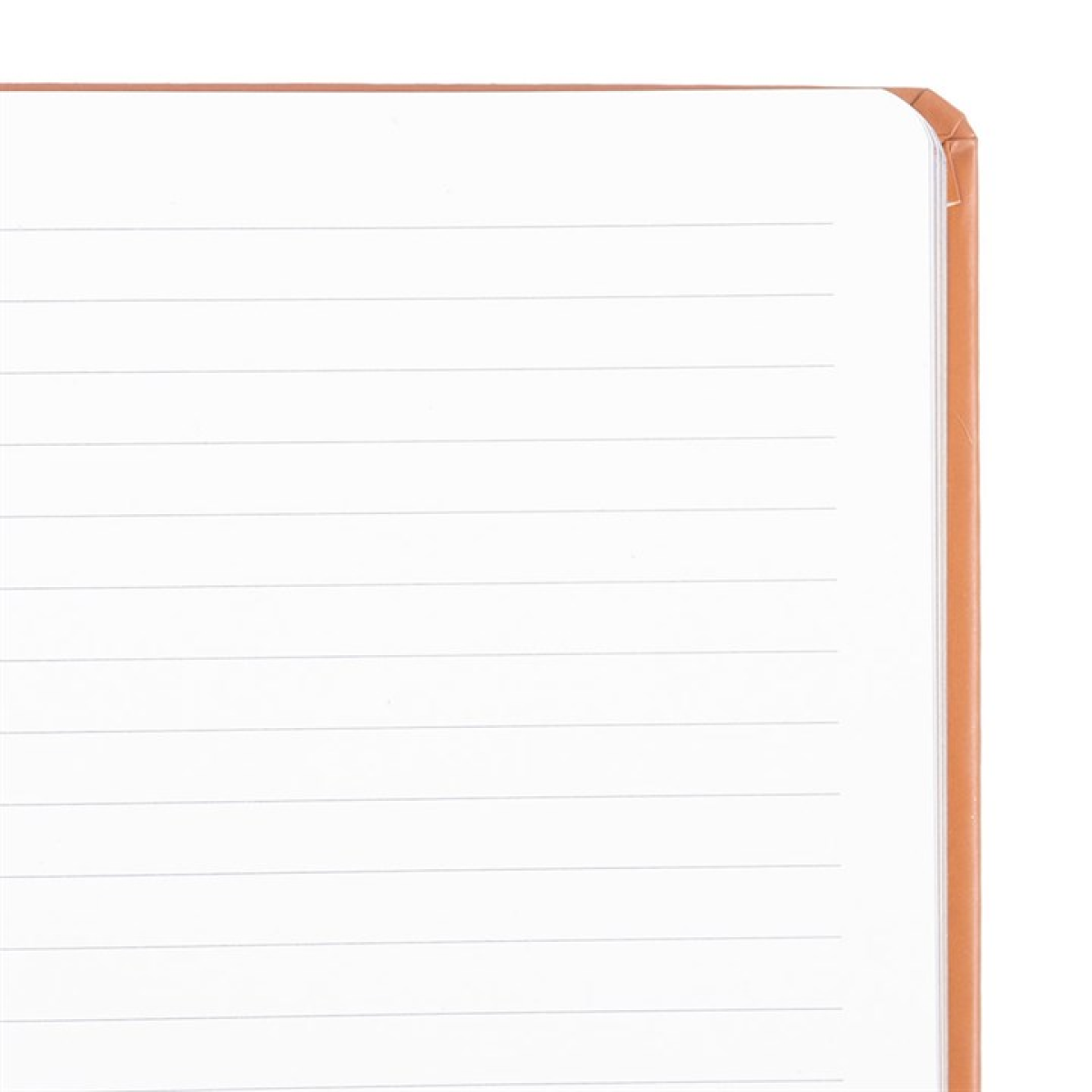 Notebook with lined pages and a copper-colored binding on a white background