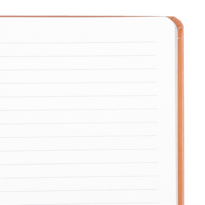 Notebook with lined pages and a copper-colored binding on a white background