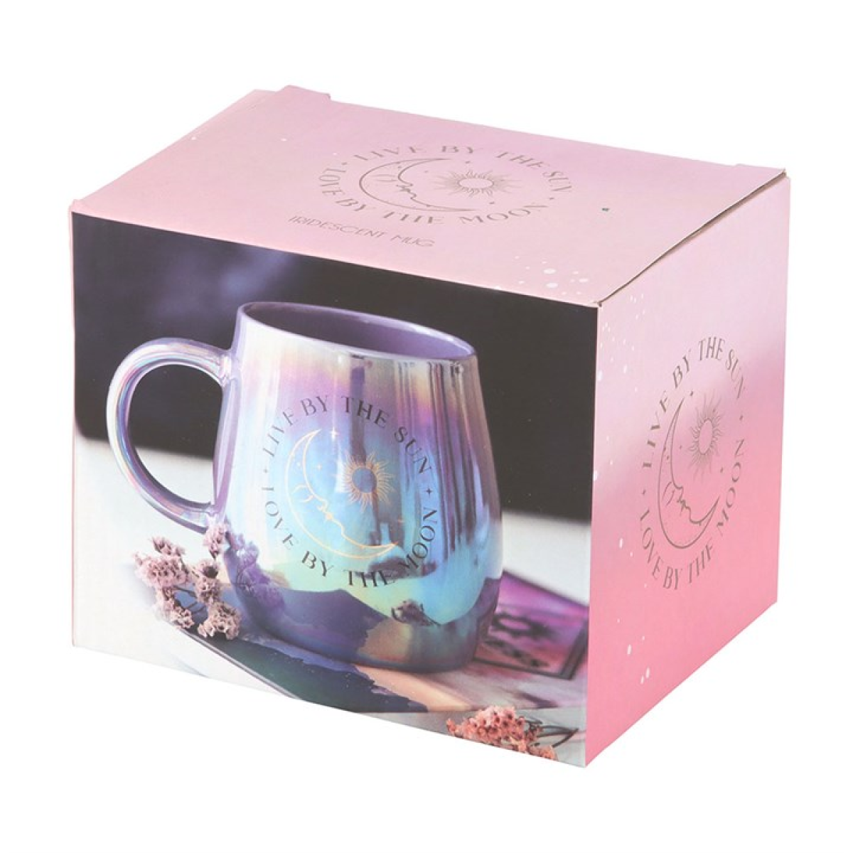 Iridescent mug in a pink box with decorative elements