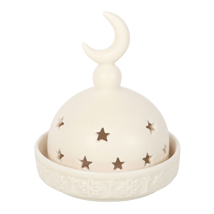 Decorative lantern with moon and star designs on a white background
