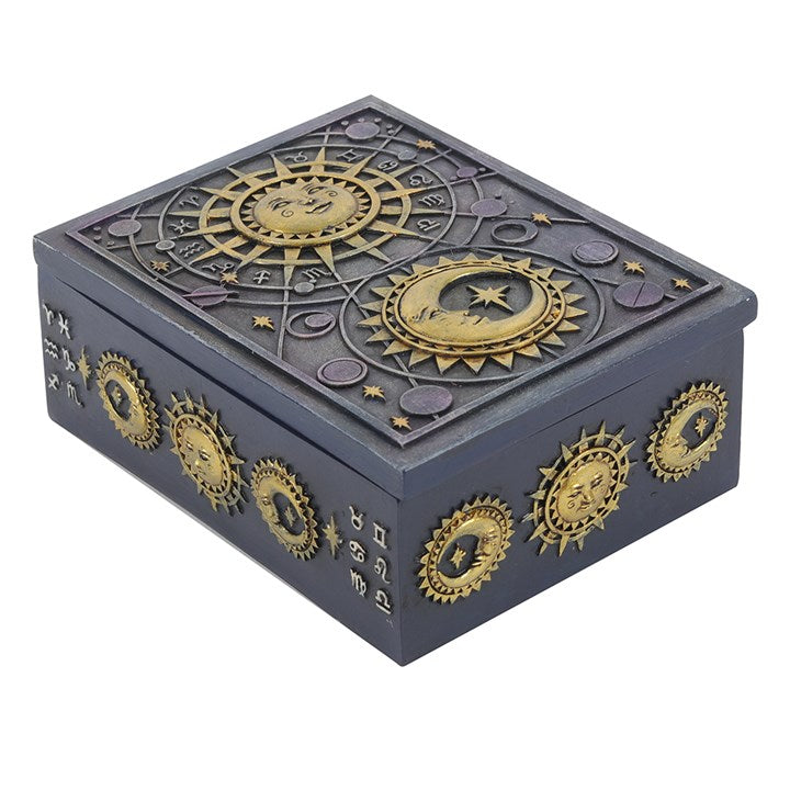 Decorative box with celestial designs on a white background
