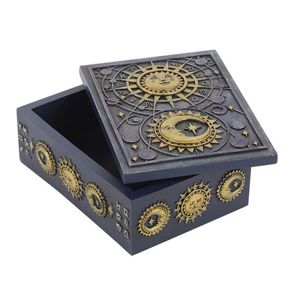 Decorative box with celestial designs on a white background