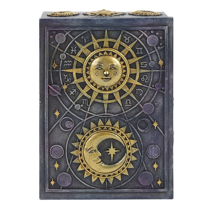Decorative box with sun and moon design on a white background
