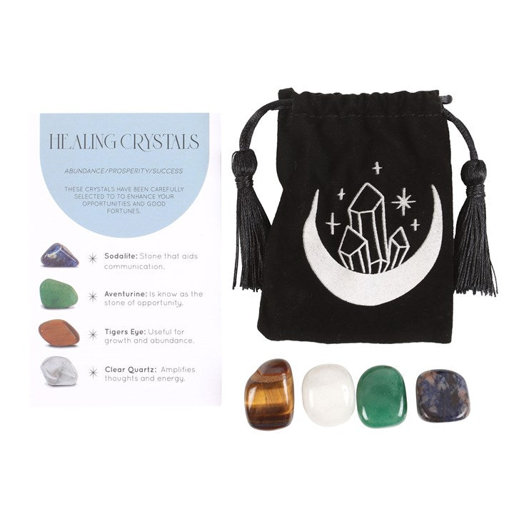 Black drawstring bag with crystal symbols and five healing crystals on a white background
