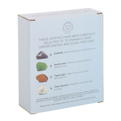 Box of crystals with crystal images and descriptions on a light blue background