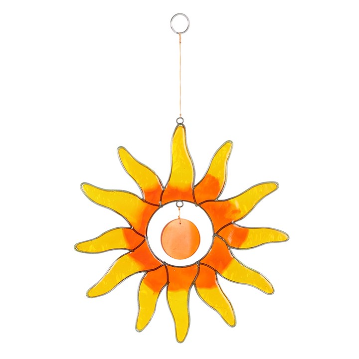 Sun-shaped decorative hanging ornament with yellow and orange colors on a white background