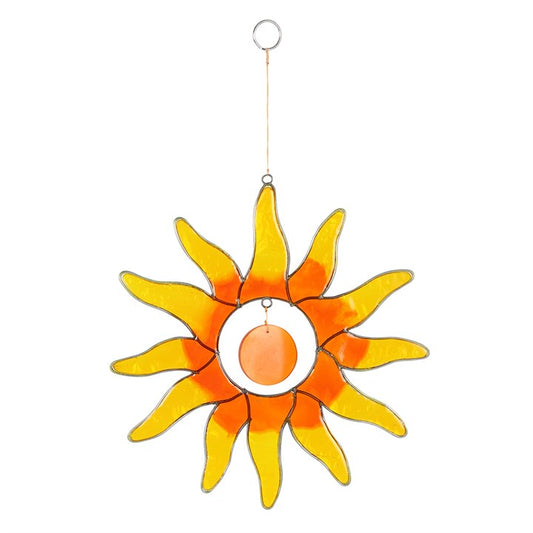 Sun-shaped decorative hanging ornament with yellow and orange colors on a white background
