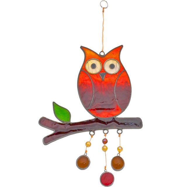 Owl on a twig and hanging gems Suncatcher