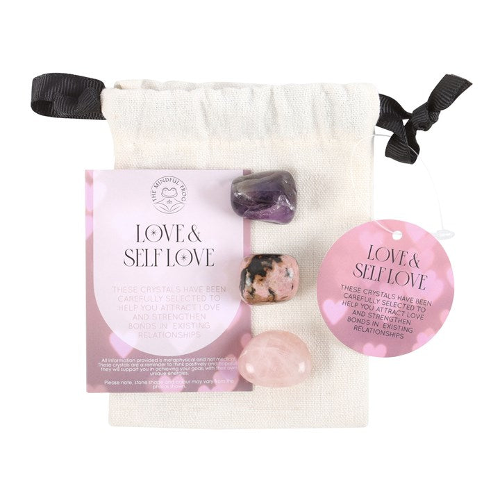 Crystal set with 'Love & Self Love' packaging on a white background