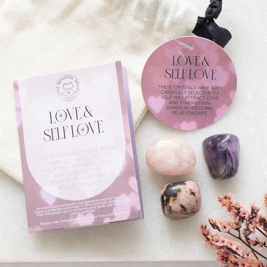 Crystal set with 'Love & Self Love' packaging on a white surface