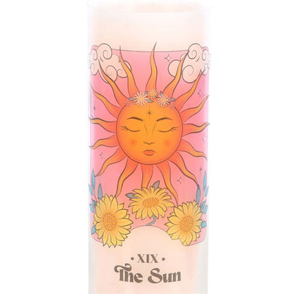 Candle with a sun design and 'The Sun' text on a white background