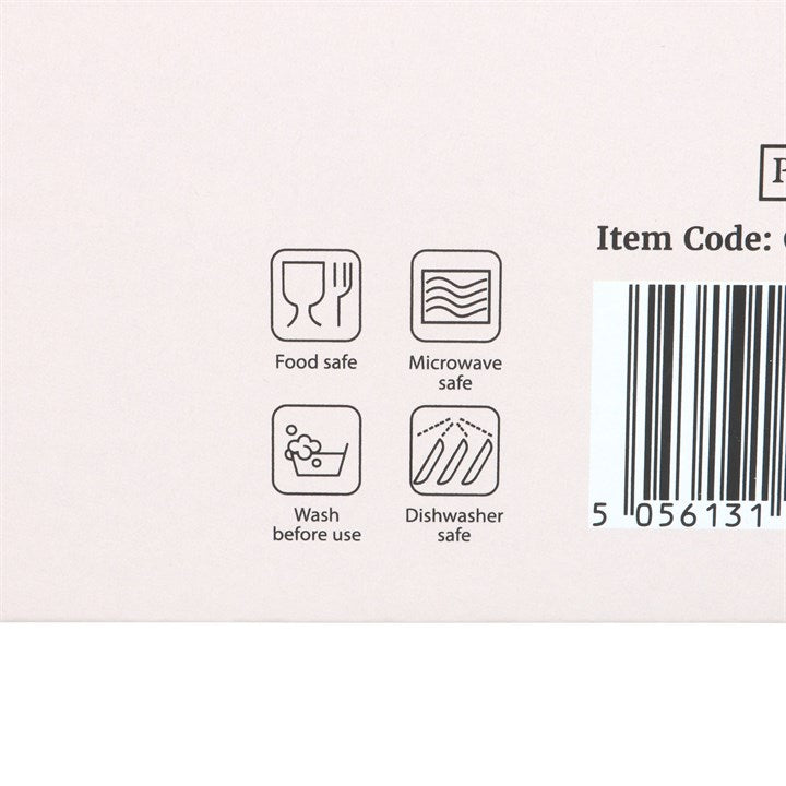 Product label with safety icons and item code on a light pink background
