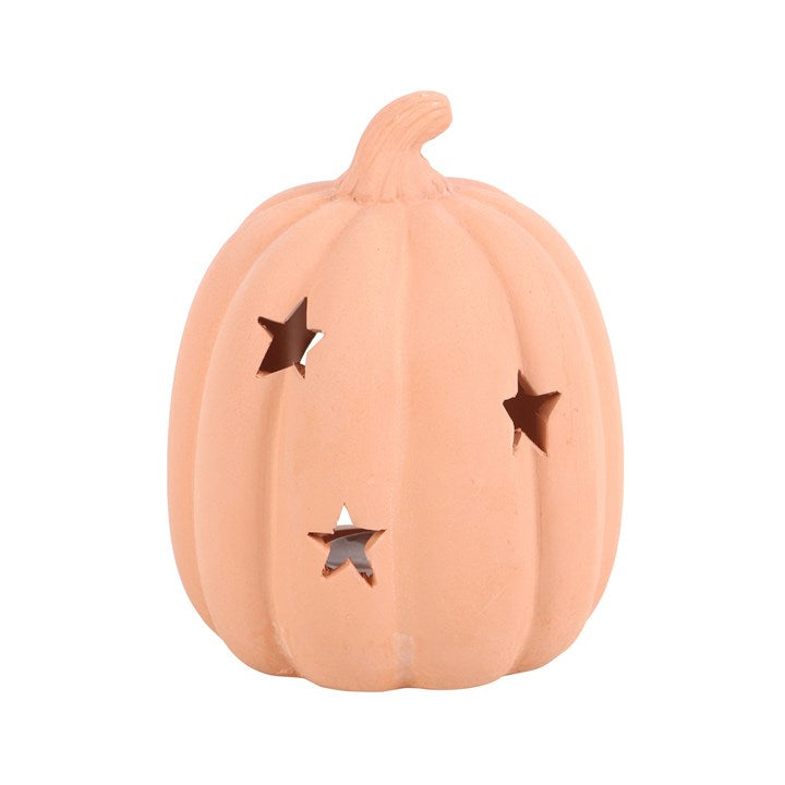Decorative pumpkin with star cutouts on a white background