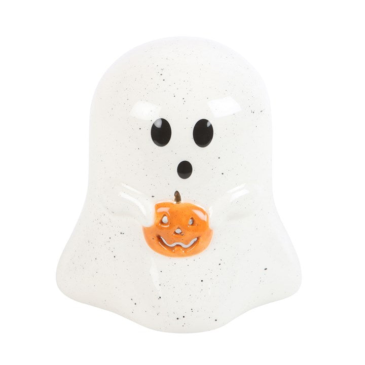 Halloween-themed ghost with pumpkin face on a white background