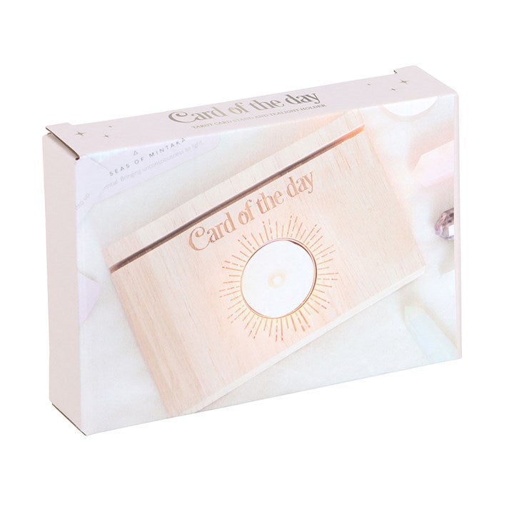 Wooden tealight candle holder with slot for oracle card