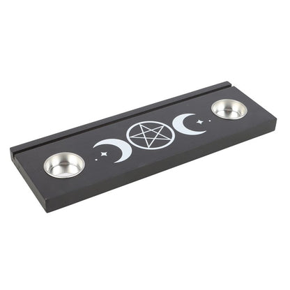 black wooden candle holder with triple moon design