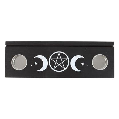 black wooden candle holder with triple moon design